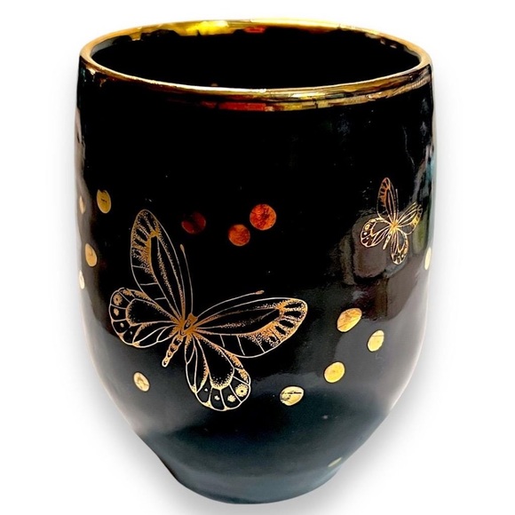 Gold Butterflies on Black Pottery Vase, Pen-Pencil or Makeup Brush Holder - Picture 3 of 11